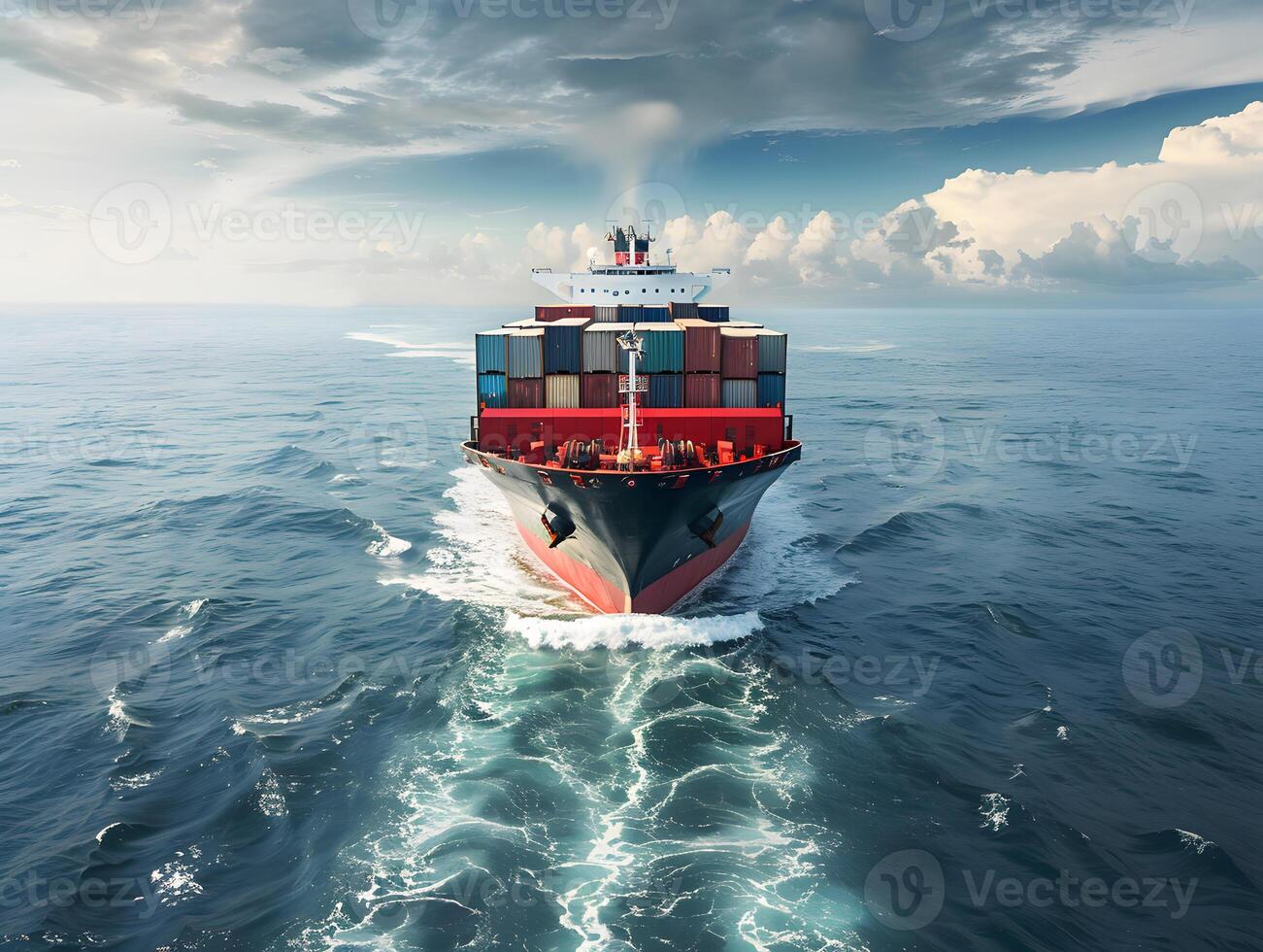 Top view of a large cargo ship with containers in the open ocean photo