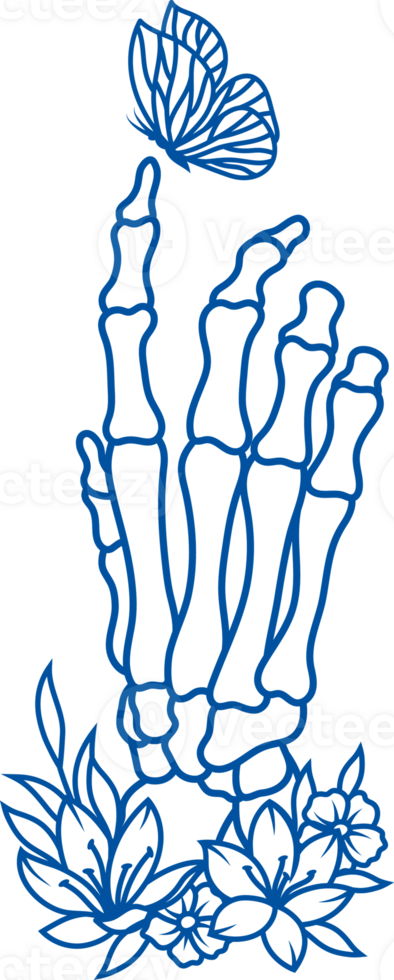 Hand of zombie skeleton crawling out of ground planted with flowers on halloween night. Hand drawn. png