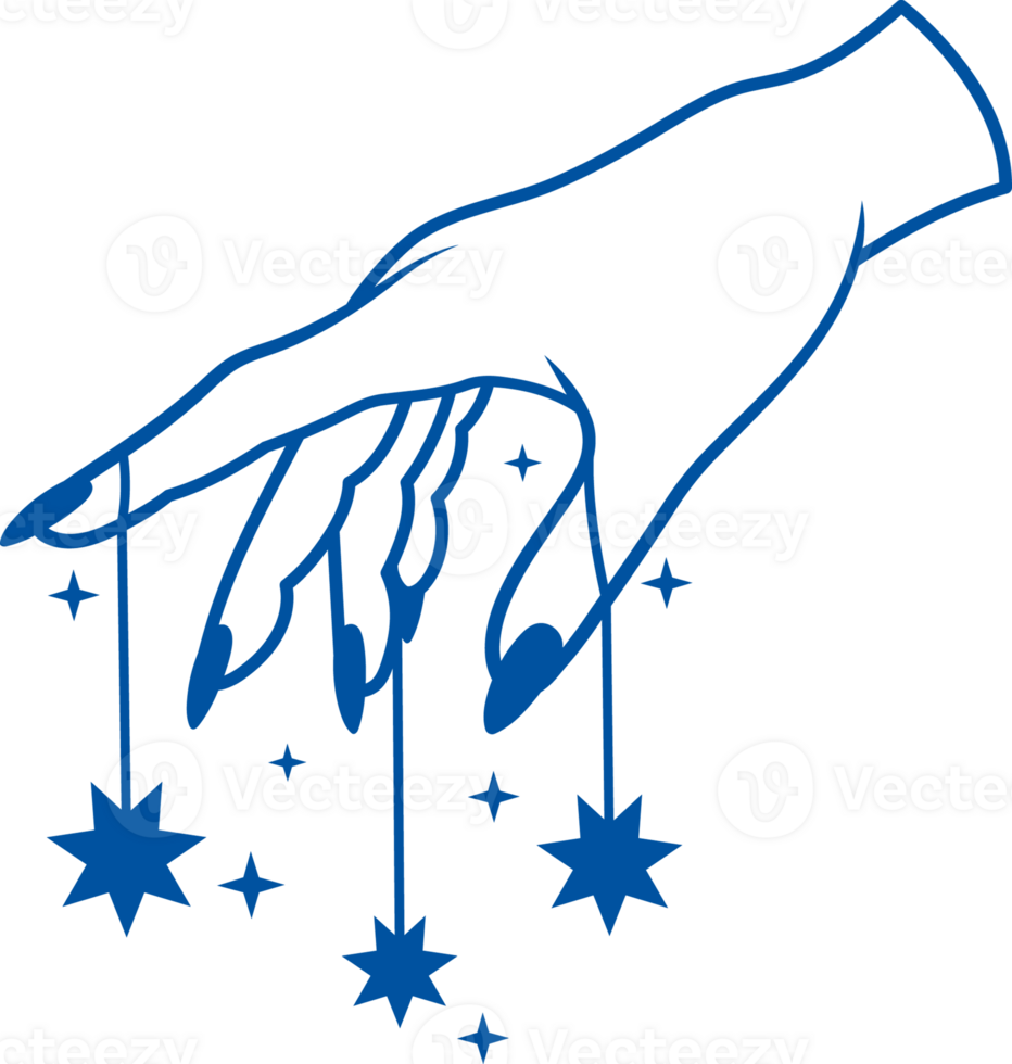 Hand of witch practicing witchcraft with stars symbolizing miracles and magic. Hand drawn. png