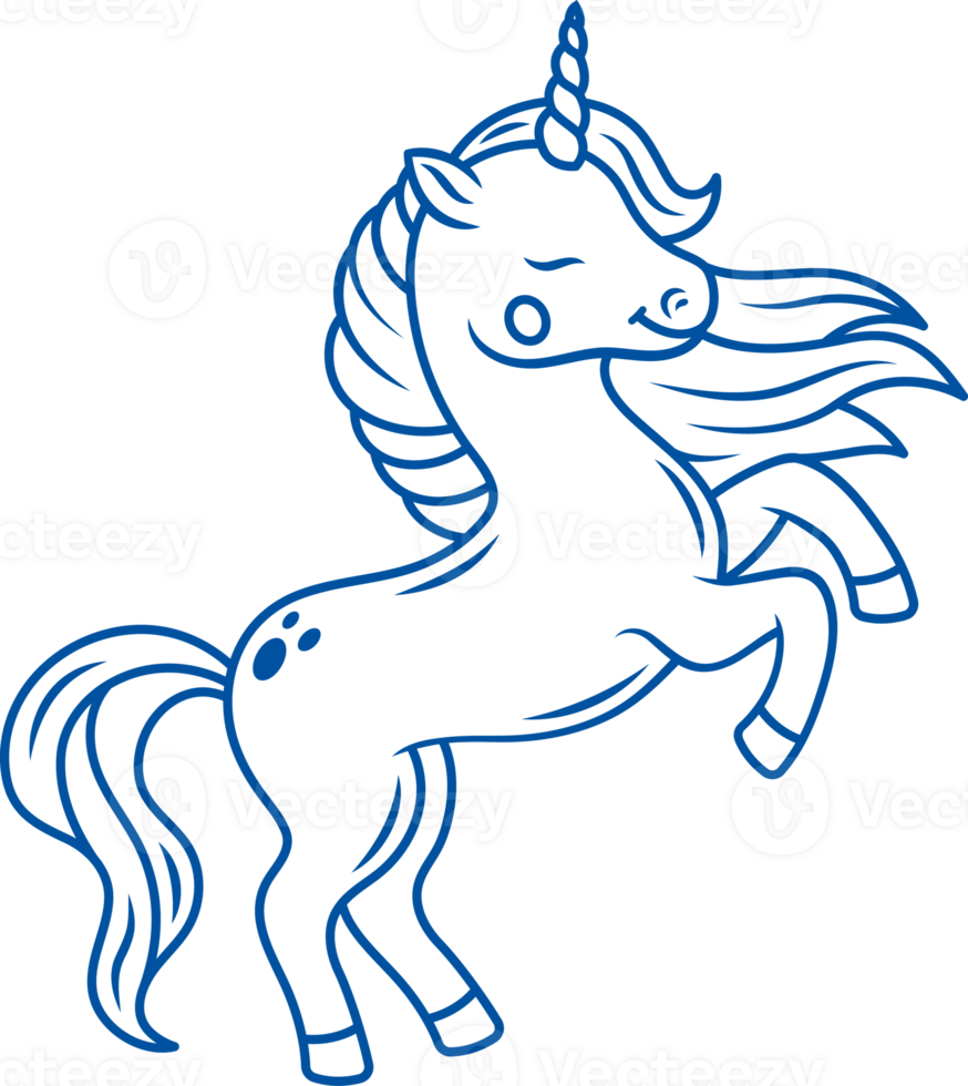 Unicorn horse stands on two legs and closes eyes, showing off beautiful mane. Hand drawn. png