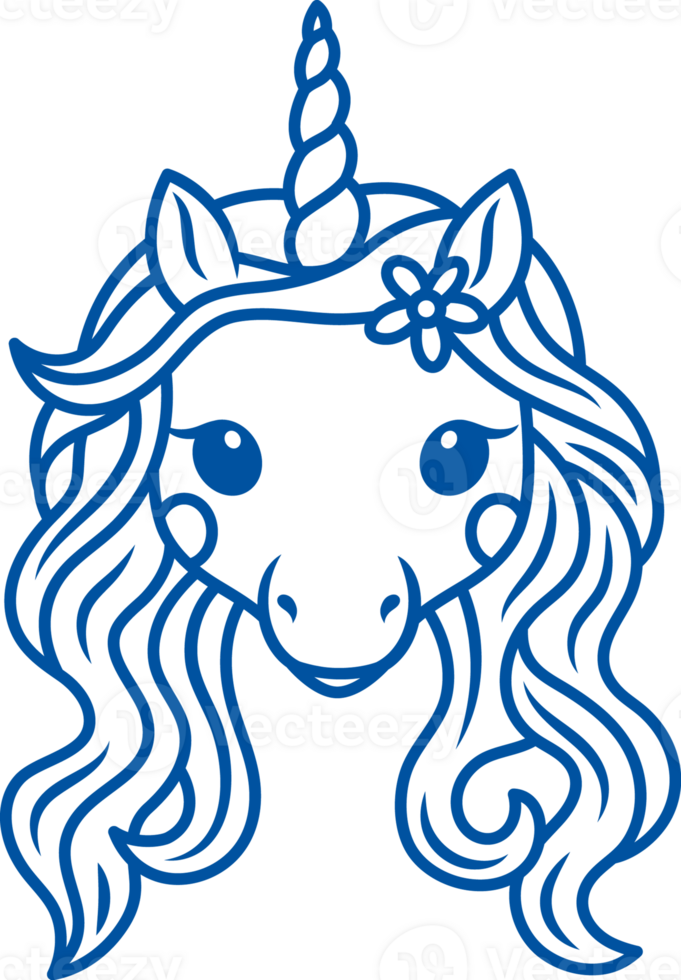 Unicorn from cartoon about princess with curly mane and sharp horn looks at screen. Hand drawn. png