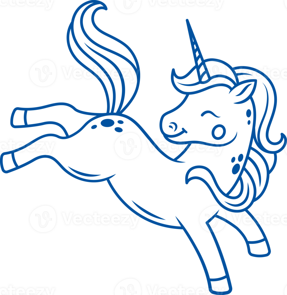 Magical unicorn flies in air, imagining that it is jumping through clouds. Hand drawn. png