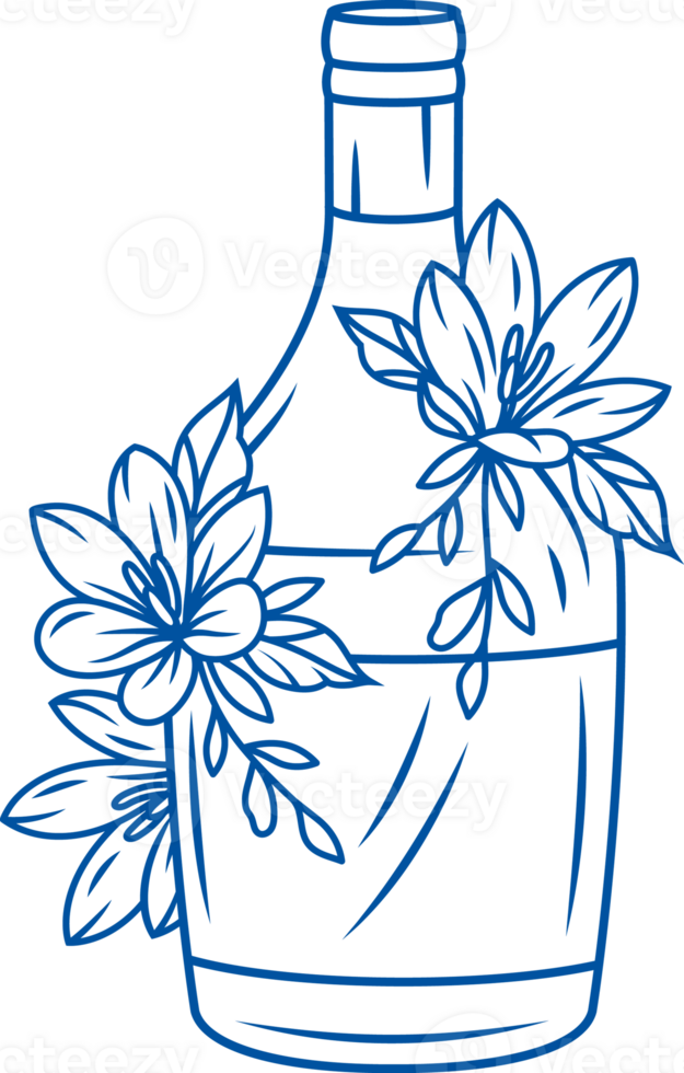 Bottle of cognac from restaurant bar, with flowers near white empty label. Hand drawn. png