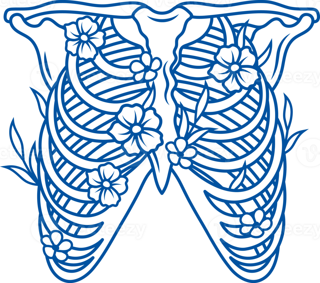 Fragment of human skeleton with back bones and ribs overgrown with flowers and plant branches png