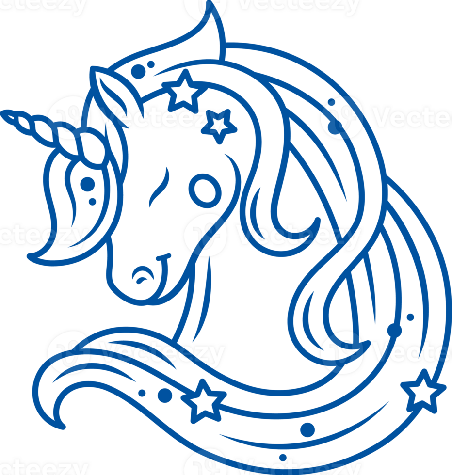Head of magical pegasus horse with horn and long mane, covered with stars. Hand drawn. png