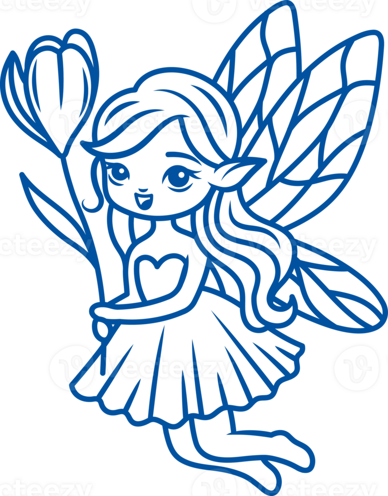 Cartoon fairy with flower in hands flies through air, flapping wings like butterfly. Hand drawn. png