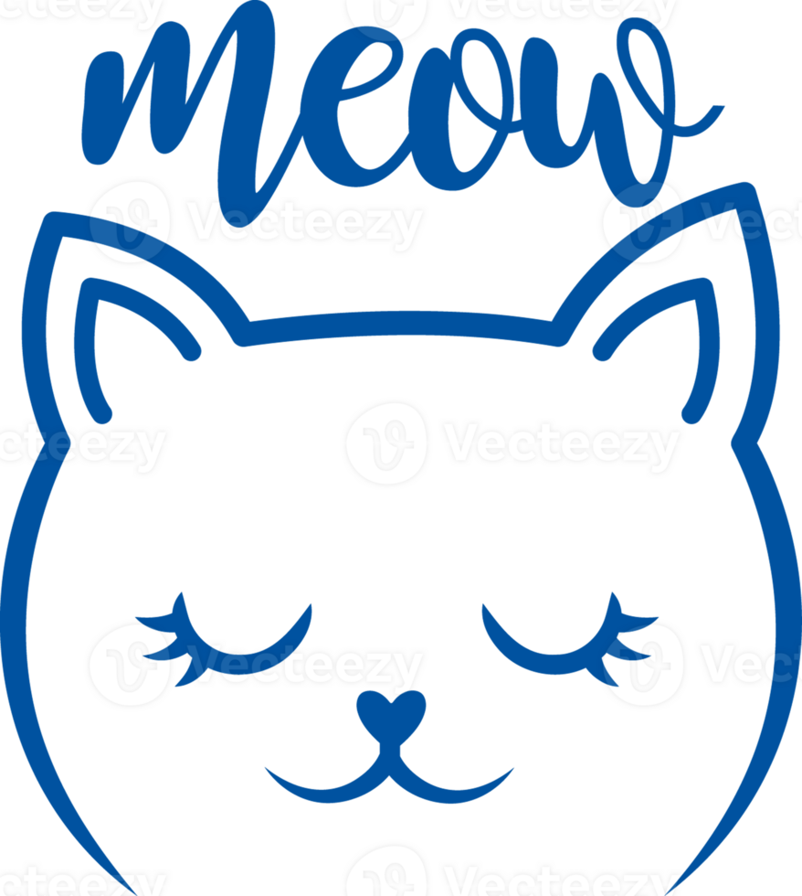 Face cat under meow inscriptions, for product design and for owner of kittens. Hand drawn. png