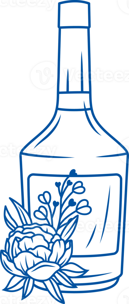 Bottle of delicious liqueur or alcoholic liqueur decorated with flower from garden. Hand drawn. png