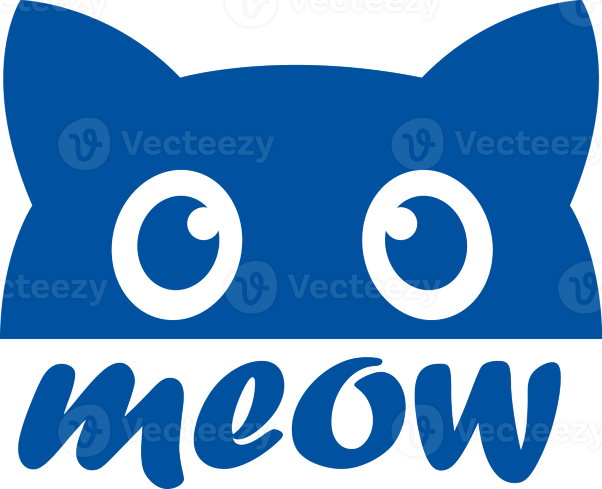 Cat with frightened eyes and word meow near face for promotional products for kittens. Hand drawn. png