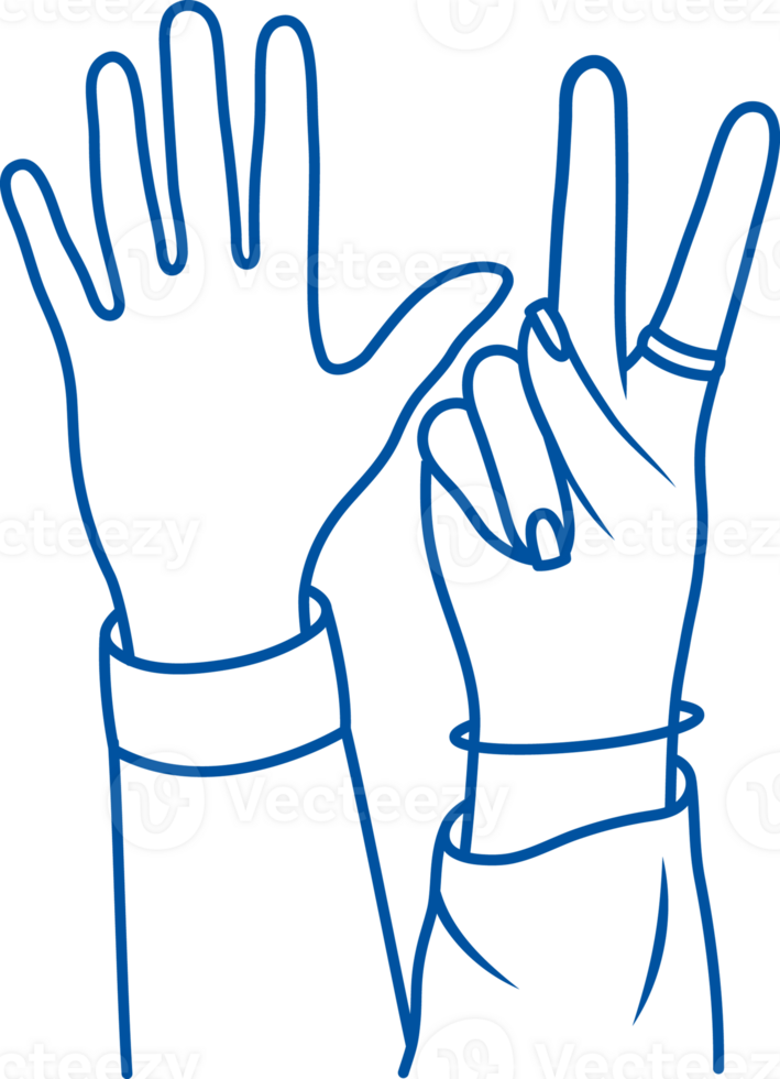 Hands of people showing welcoming gesture or making V sign with fingers to demonstrate openness png