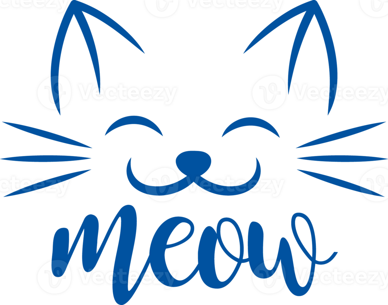 Satisfied kitten closing eyes and word meow, for design of pet store selling cats. Hand drawn. png
