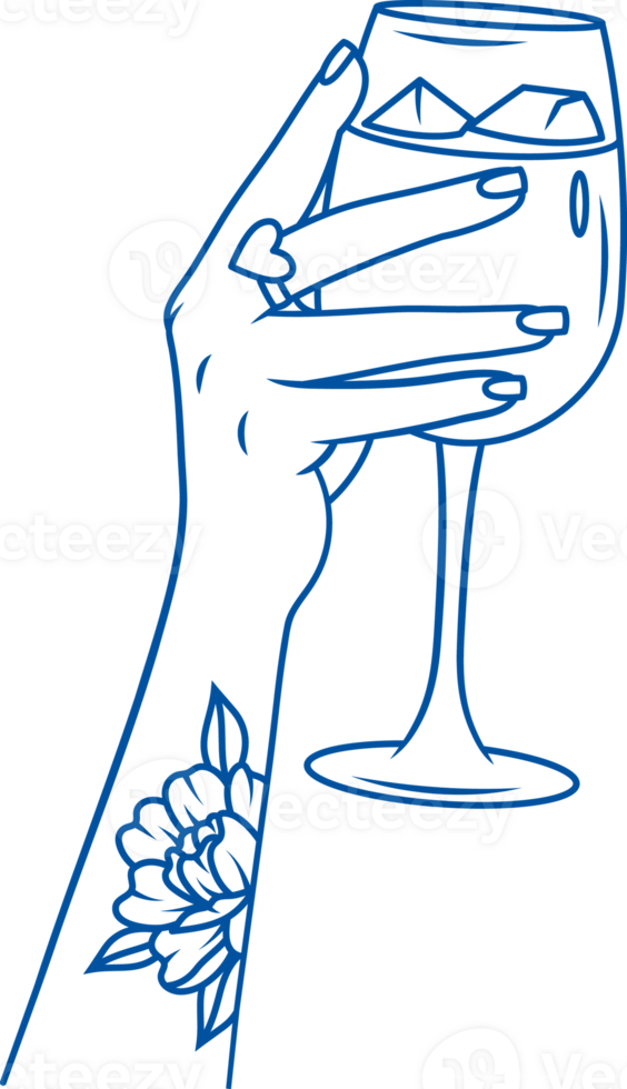 Glass of red wine with ice cubes in woman hand, raising drink up to say toast. Hand drawn. png