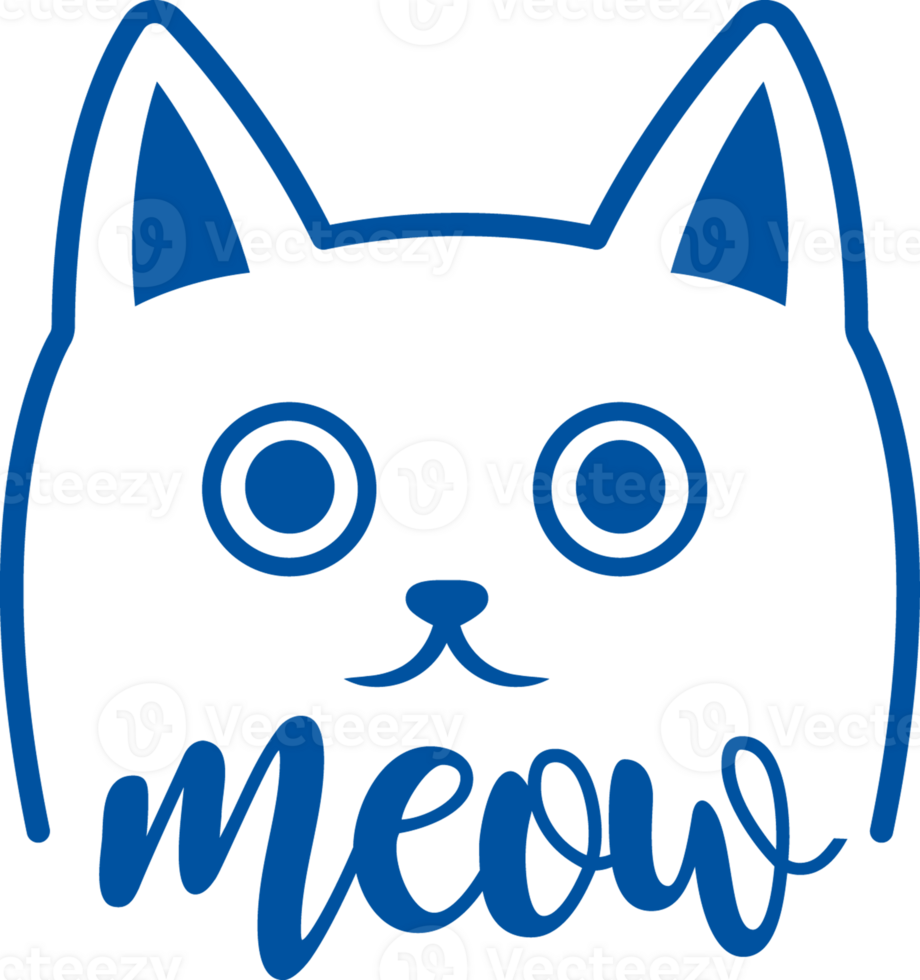Muzzle of domestic cat with word meow, for design of products for kitten owners. Hand drawn. png