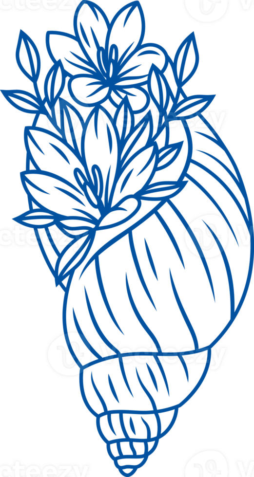 Bouquet of flowers inside shell for gift for woman who loves sea travel. Hand drawn. png