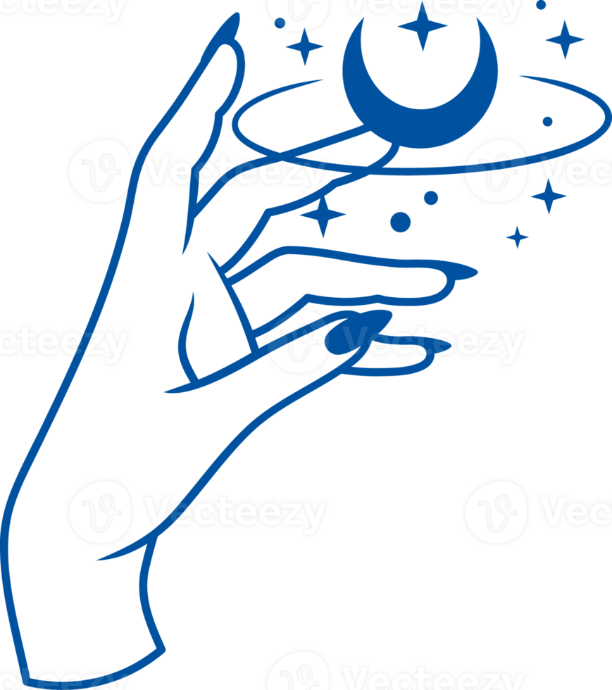 Witch hand in starry sky with inverted moon symbolizes occult and astrological rituals. Hand drawn. png