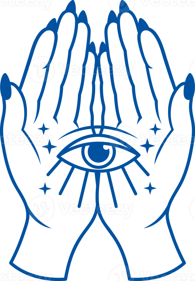 Hands of witch with large eye on palms, metaphor for ability to look into future or past. Hand drawn png