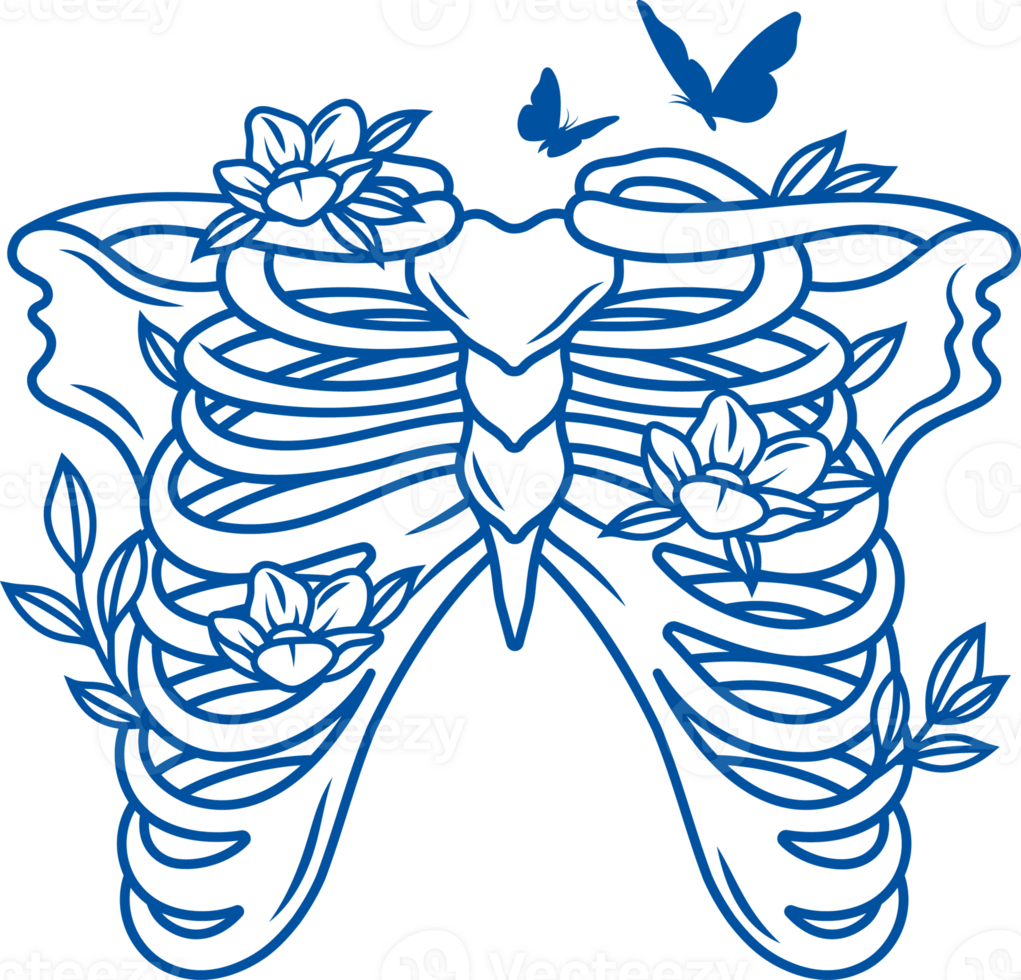 Human ribs with backbone and spine, decorated with spring flowers and butterflies. Hand drawn. png