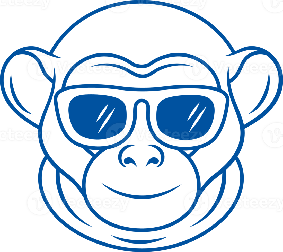 Fashionable monkey with sunglasses on eyes looks at screen and smiles. Hand drawn. png