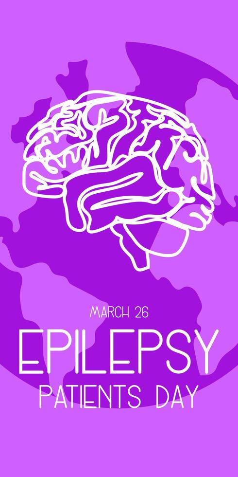 International Epilepsy Day banner for March 26. The brain is a contoured silhouette in white colors on a ground background with a ribbon on shades of purple. Brain problems, illness. Vertical vector