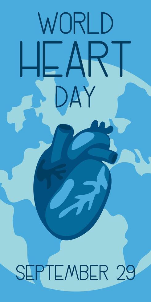 illustration on the theme of World Heart Day, which is celebrated every year on September 29 all over the world. A flat illustration like a banner with text. Vertical. Blue and shades vector