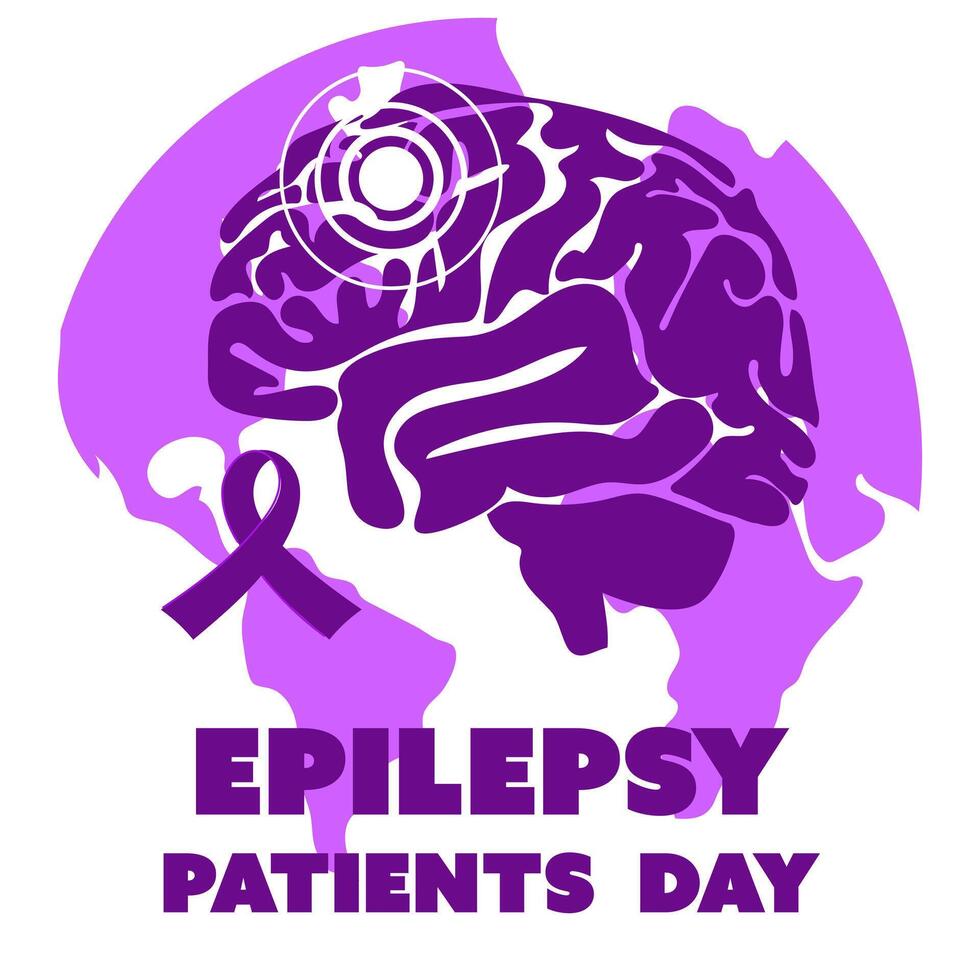 International Epilepsy Day banner for March 26. The brain is a flat silhouette in purple colors against the background of the earth with a ribbon on white. Brain problems, illness. Square banner vector