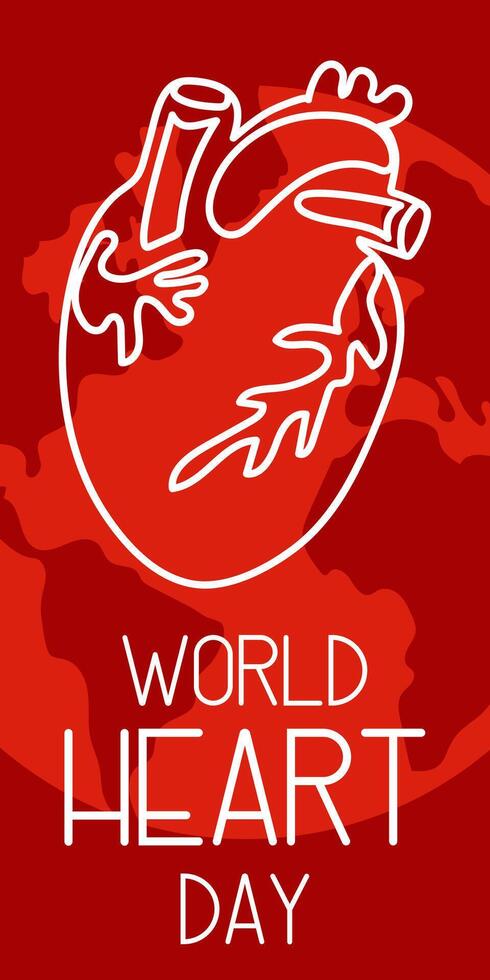 illustration on the theme of World Heart Day, which is celebrated every year on September 29 all over the world. A flat illustration like a banner with text. Vertical. Red and shades. Contour vector