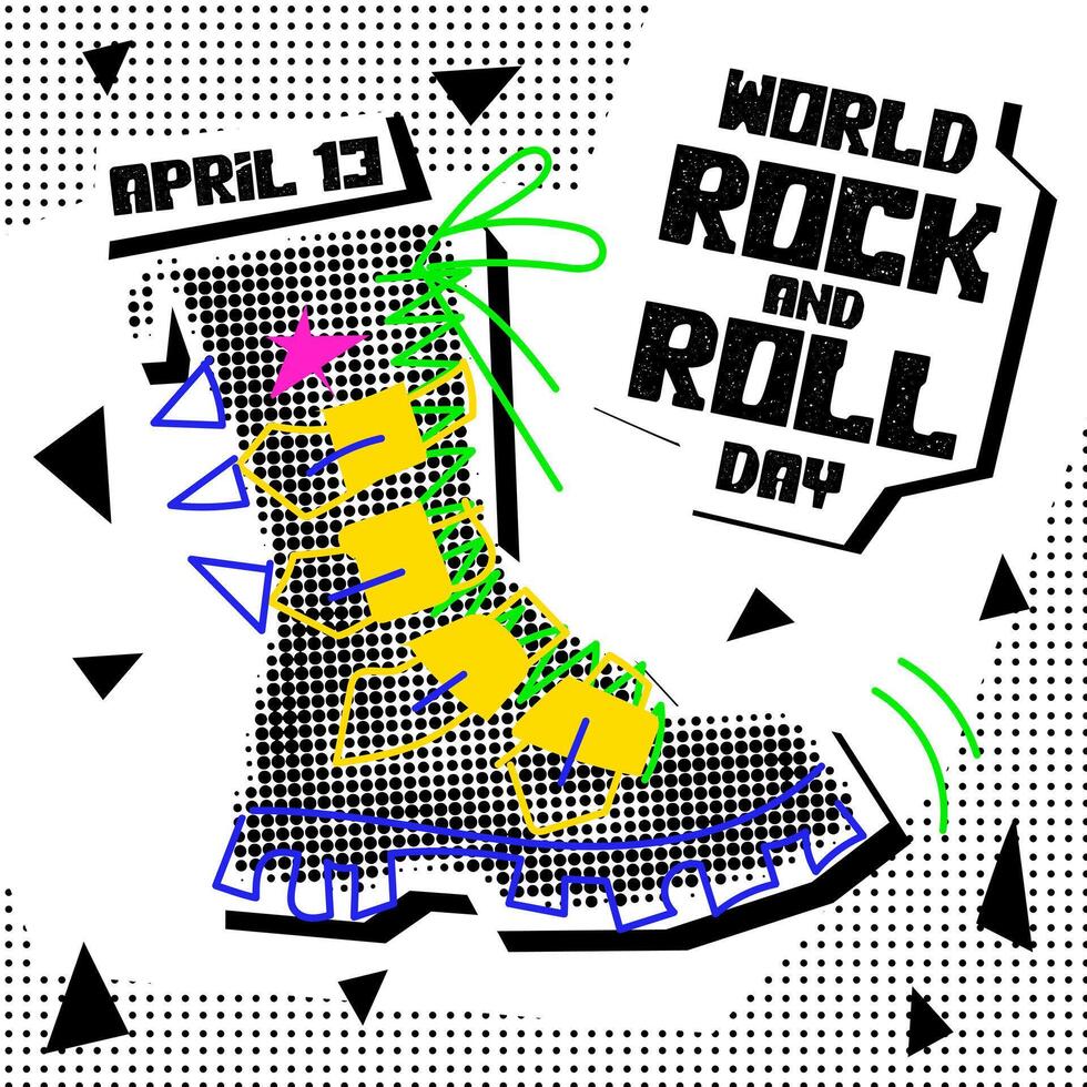 World Rock and Roll Day. Rocker collage grunge style. The holiday is on April 13th. A leather boot with doodle illustrations in the style of pop art to the point. Banner for the holiday on white vector