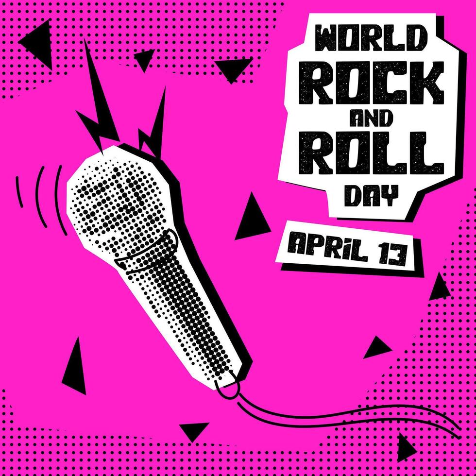 World Rock and Roll Day. Rocker collage grunge style. Holiday is on April 13th. Microphone with a wire with doodle illustrations in the style of pop art to the point. Banner for the holiday on pink vector