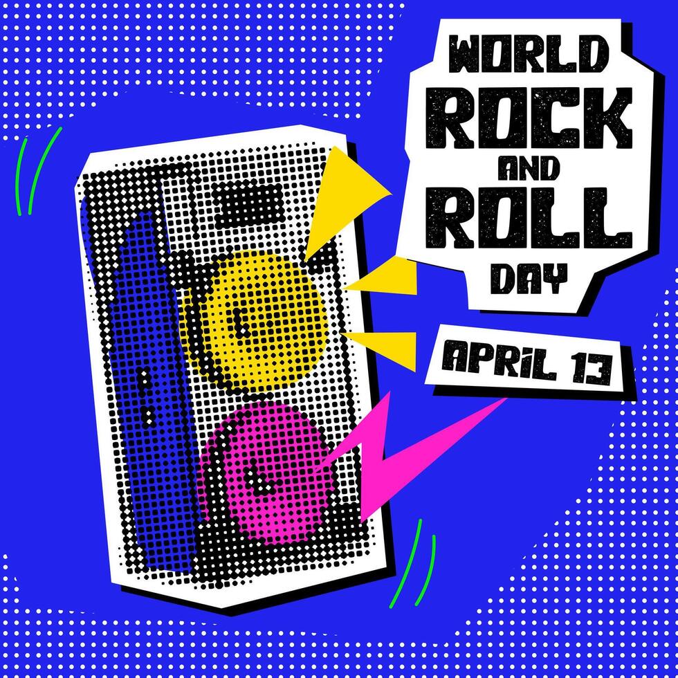 World Rock and Roll Day. Rocker collage grunge style. The holiday is on April 13th. A large music column with doodle illustrations in the style of pop art to the point. Banner for the holiday on blue vector