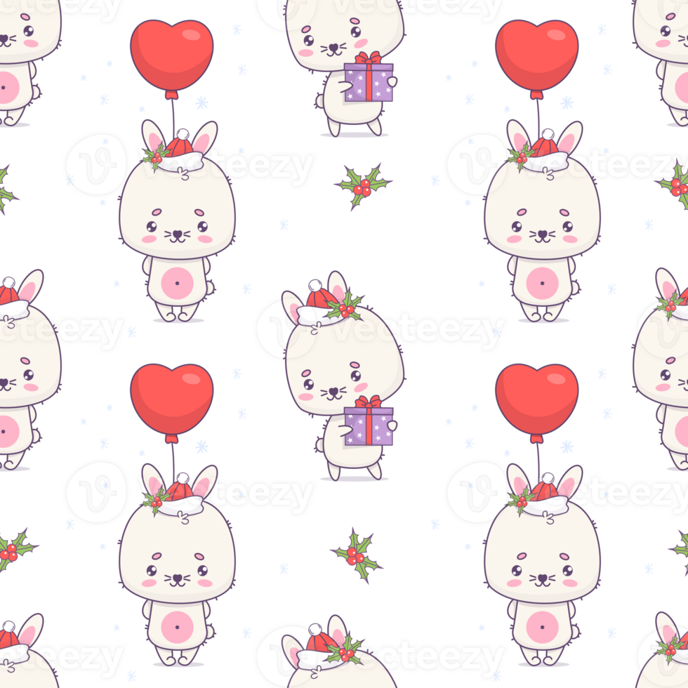 Seamless pattern with Christmas bunny in Santa hat with gift ang and balloon png