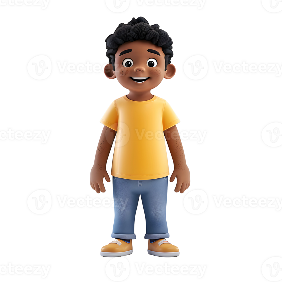 Playful 3D Rendered Young Boy Character with Black, Brown Skin, Yellow T-Shirt, and Blue Jeans Cheerful and Engaging Design for Kids' Illustration png