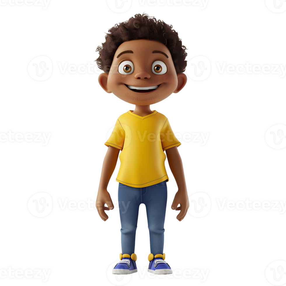 Bright and Smiling Young Boy in 3D Render Light Black, Brown Skin, Yellow T-Shirt, Blue Jeans, Perfect for Happy Kids' Art, Digital Creations, and Animated png