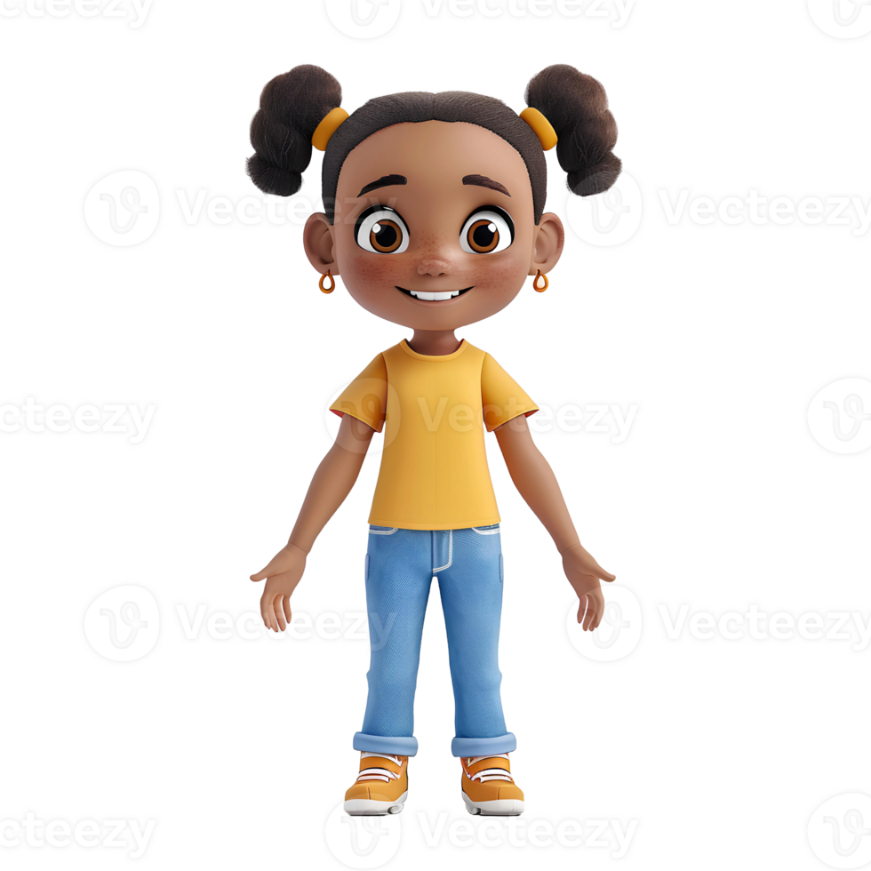 Joyful 3D Character Illustration of a Cheerful Girl with Light Brown Skin, Pigtails, a Yellow T-Shirt, and Blue Jeans Ideal for Children's Books, Animation, and Cartoon Art png
