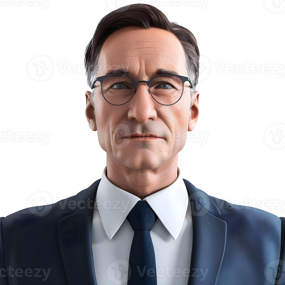 Realistic 3D Businessman Model with Light Skin, Navy Blue Suit, and White Blouse - Full Body Design for Office Environments and Business Presentations png