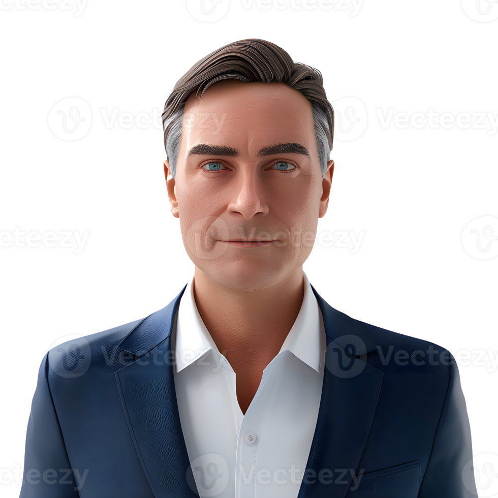 3D Businessman Character with Light Skin, Navy Blue Suit, and White Blouse - Fully Rendered Model for Professional Business Environments and Office Graphics png