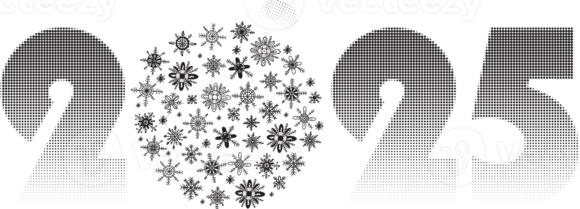 2025 numbers and Christmas ball of snowflakes with circular halftone dot pattern png