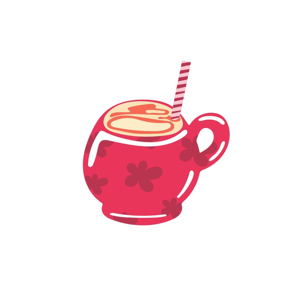 red isolated simple flat cup with flowers of coffee and straw on the white background. digital flat art vector