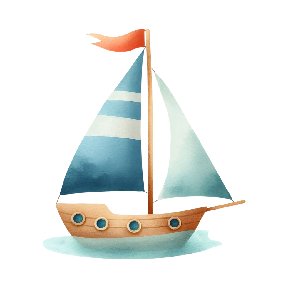 Sea sailboat in pastel colors. Illustration in watercolor style. Sketch of a boat or yacht for children's design in a marine style. Clip art of a ship with a sail for decorating a children's room. png