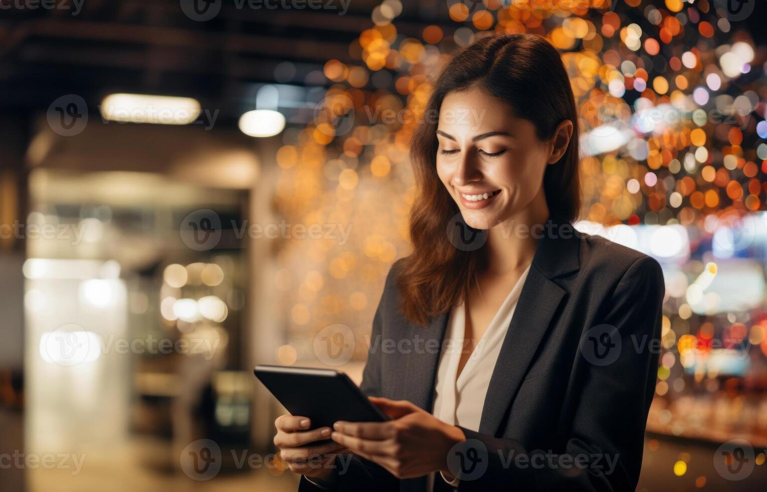 A modern woman seamlessly conducts her business affairs using a smart tablet, navigating the realm of social media to enhance her online presence and manage entrepreneurial tasks with photo