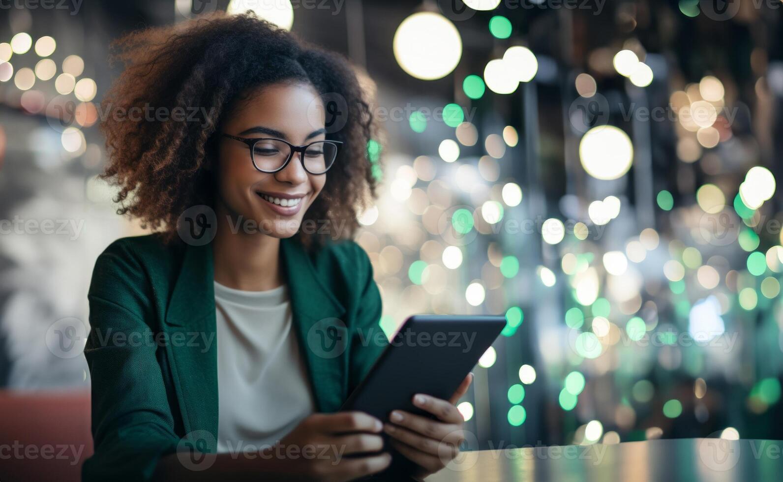 A modern woman seamlessly conducts her business affairs using a smart tablet, navigating the realm of social media to enhance her online presence and manage entrepreneurial tasks with photo