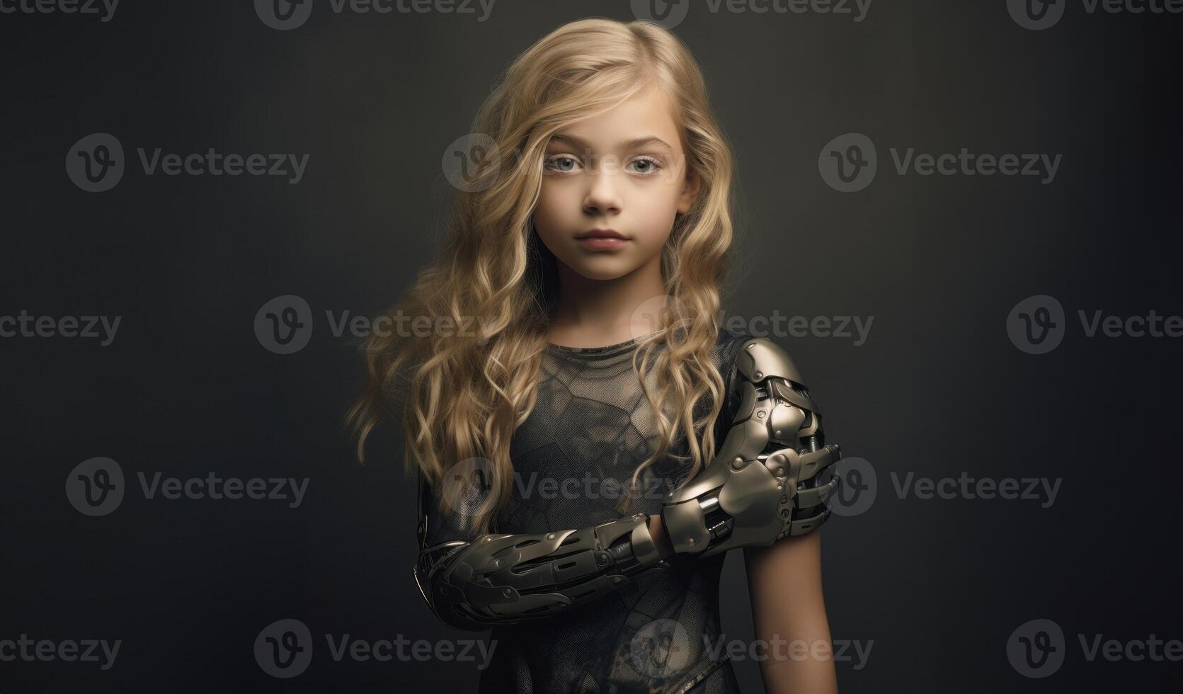 Isolated on a grey backdrop, a young girl with a robotic arm symbolizes innovation and hope for a technologically advanced future.Generated image photo