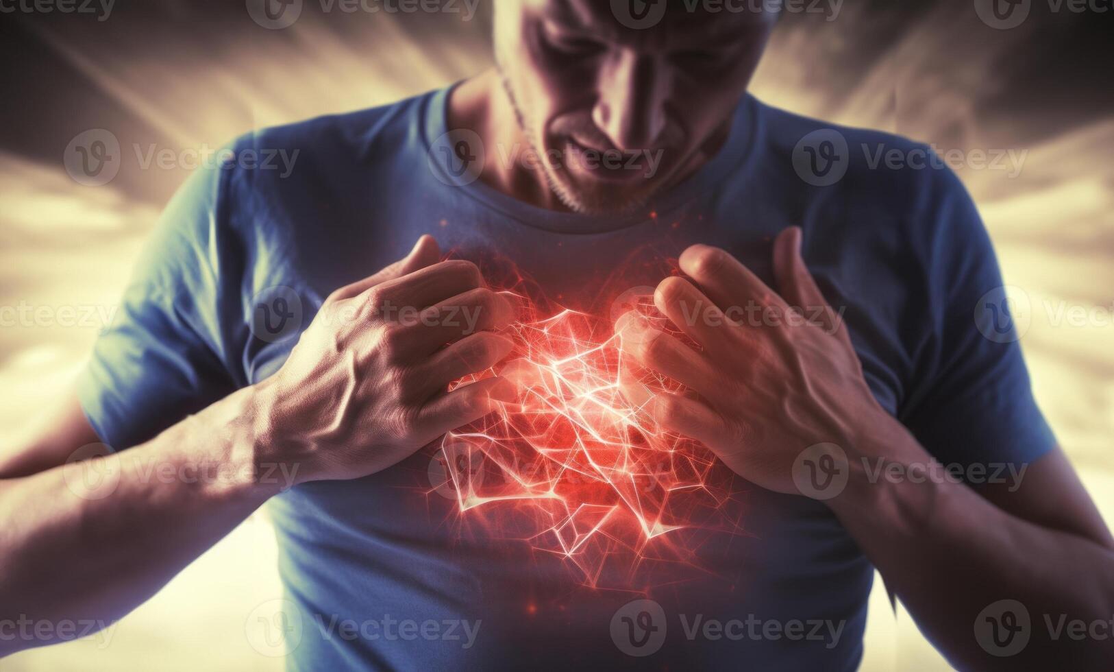 Vivid holographic animation depicts a heart attack within the human body, merging technology and medical education seamlessly.Generated image photo