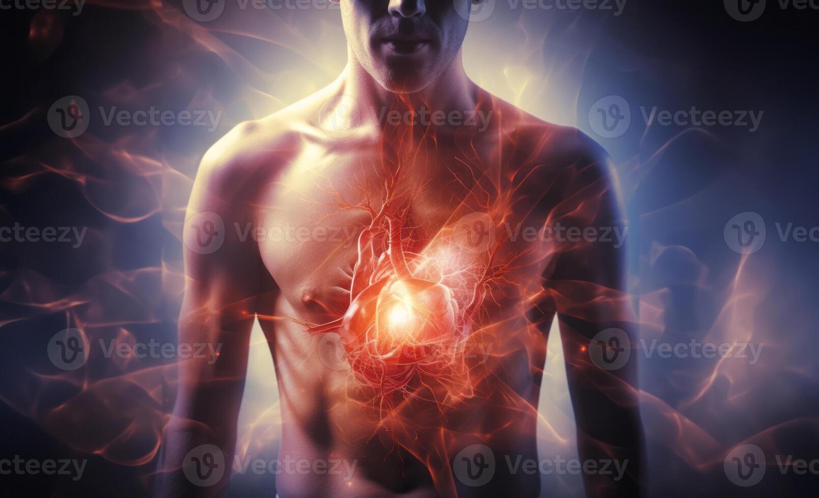 Vivid holographic animation depicts a heart attack within the human body, merging technology and medical education seamlessly.Generated image photo