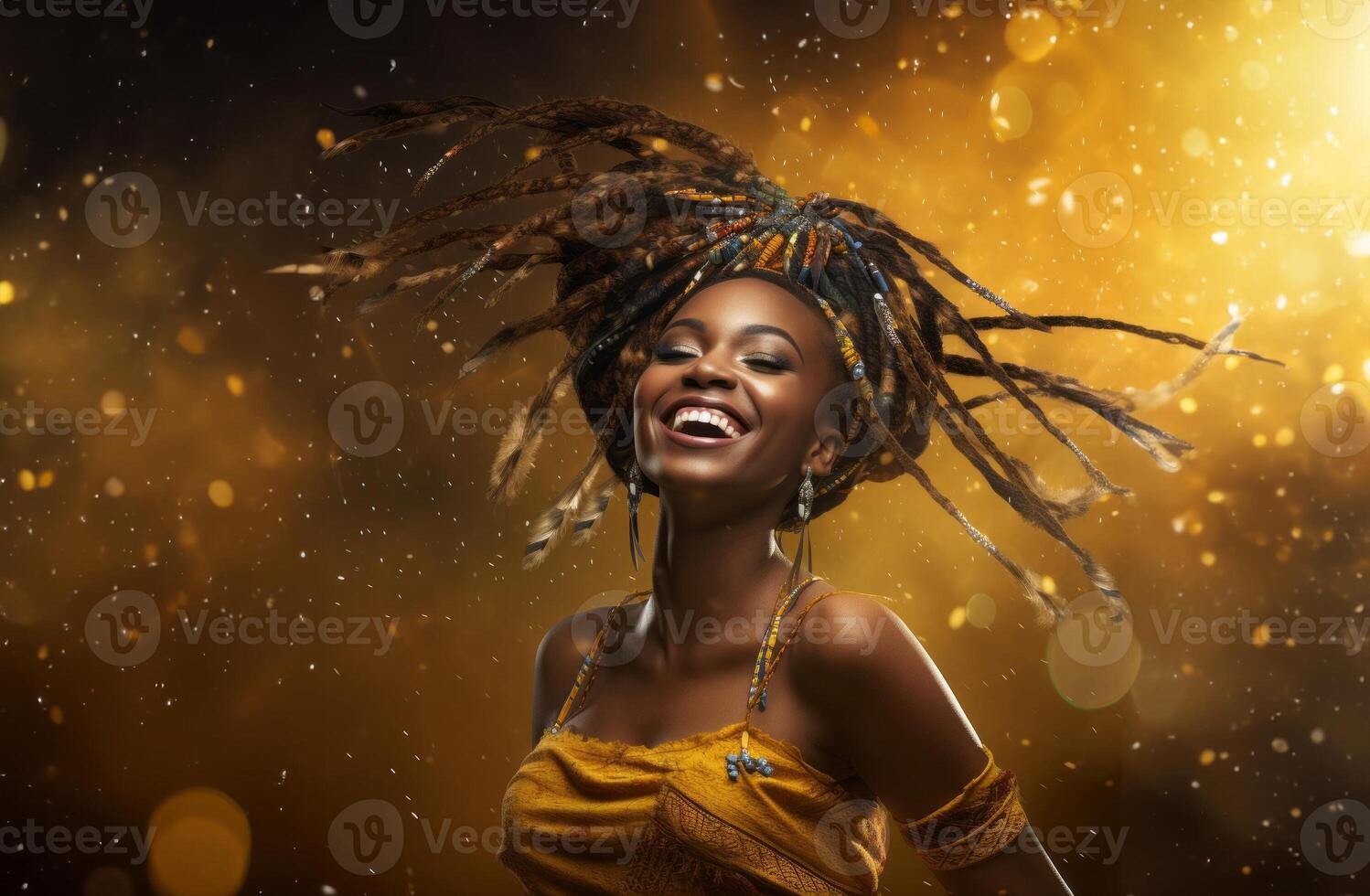 African American woman joyfully engages in traditional dance at a lively festival, showcasing the rich and dynamic expressions of her heritage photo