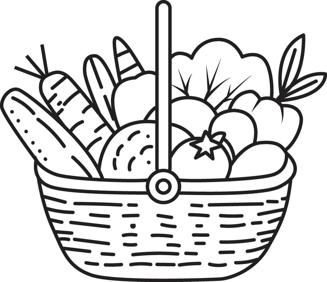 Line Art of a Basket of Fruits and Vegetables vector