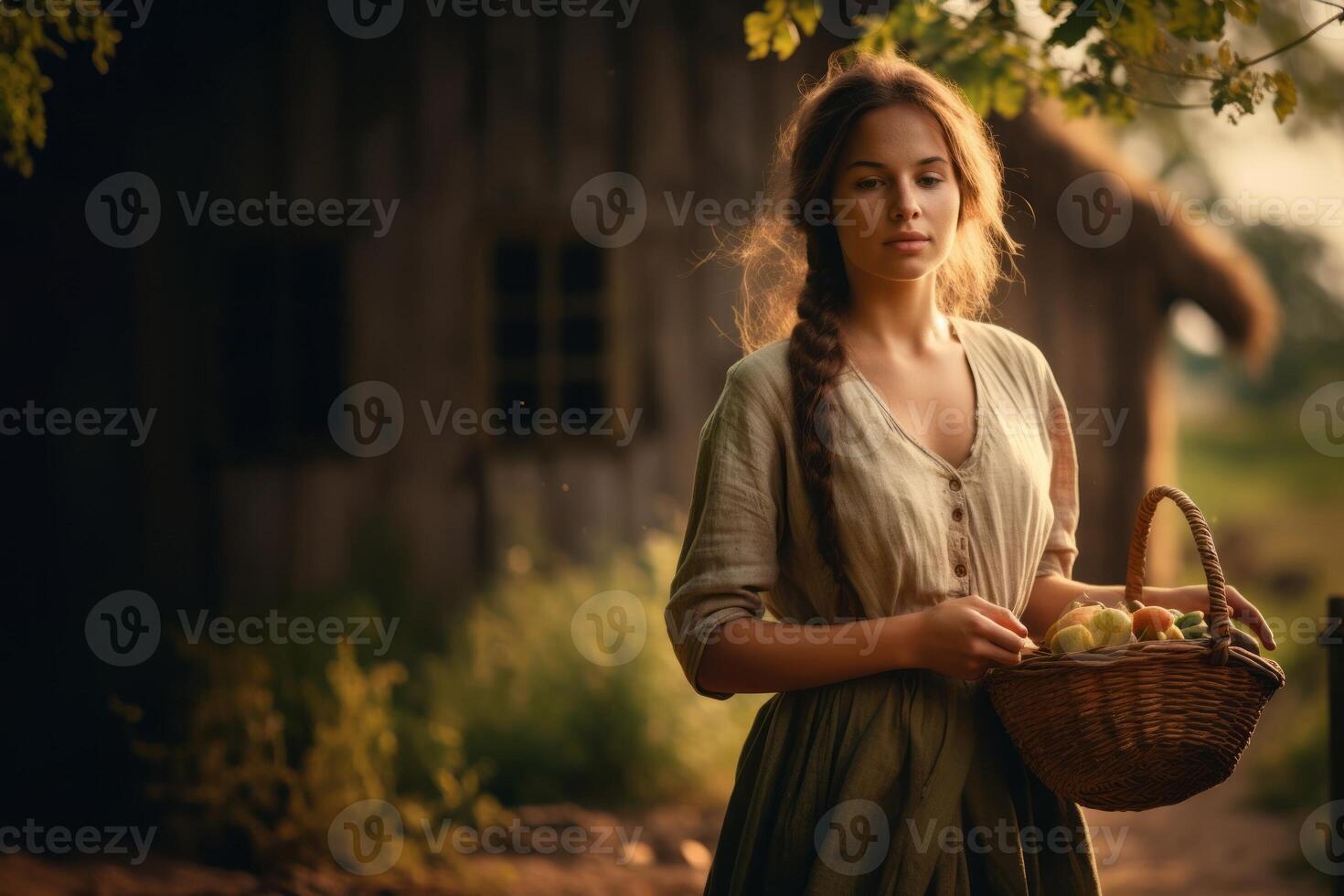 A beautiful traditional woman exudes charm while holding a basket, capturing the essence of cultural elegance and ethnic beauty within the serene surroundings photo