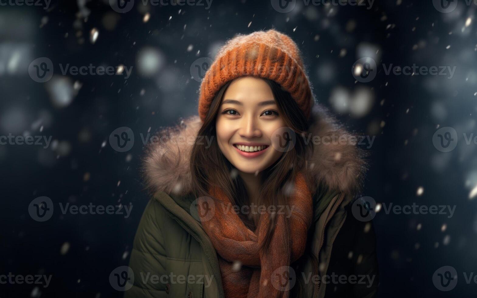 A beautiful Chinese woman exudes elegance as she poses for a portrait, donning a stylish jacket, capturing the serene charm of a snowy day with cultural grace photo