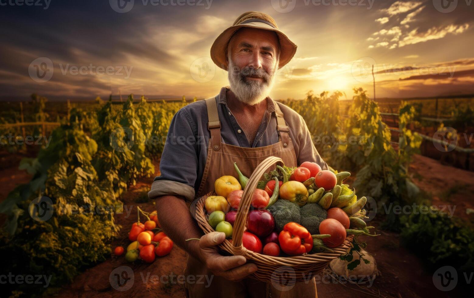 In the hands of seasoned farmers, a diverse array of freshly harvested vegetables fills the rustic charm of their countryside basket photo