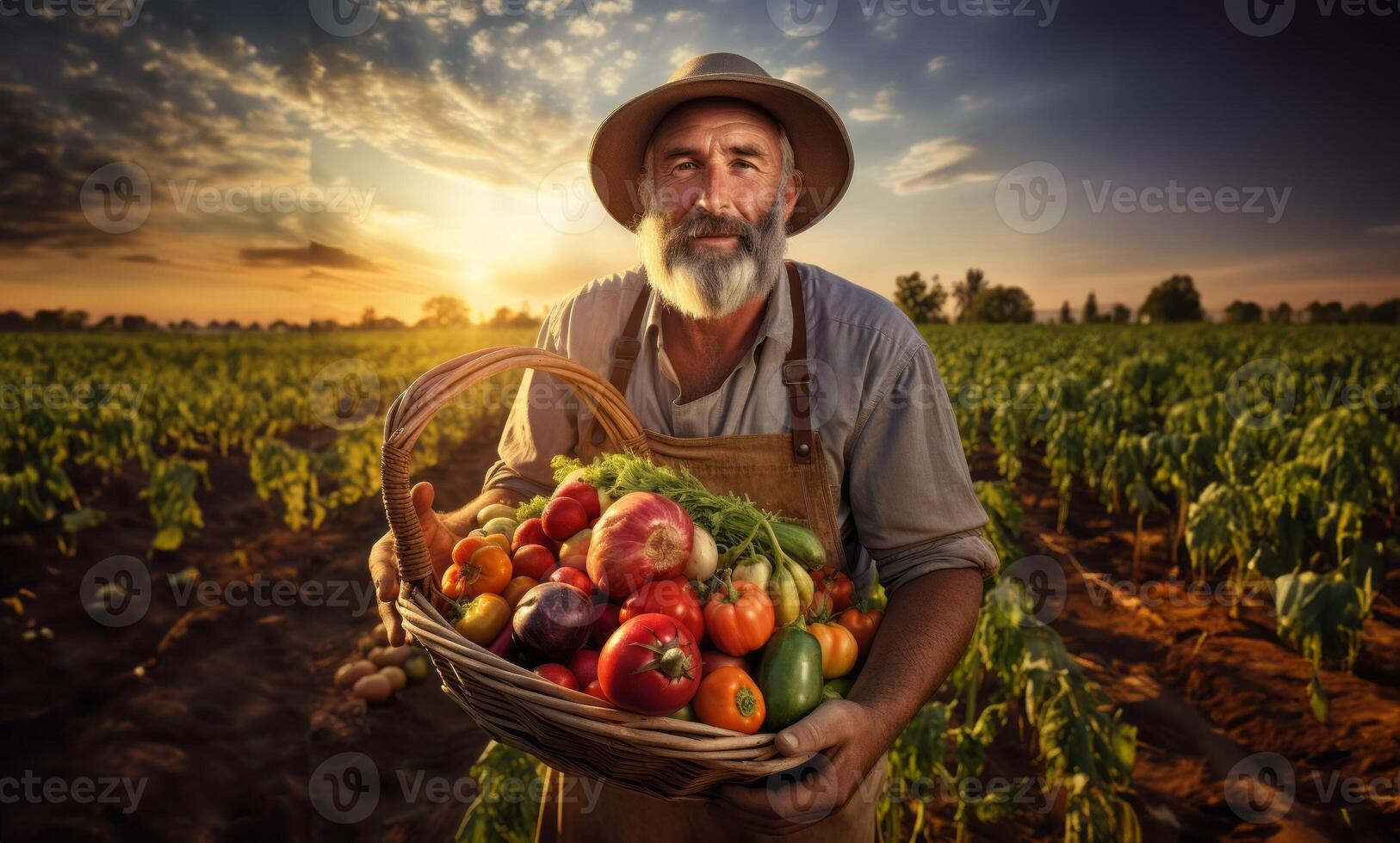 In the hands of seasoned farmers, a diverse array of freshly harvested vegetables fills the rustic charm of their countryside basket photo