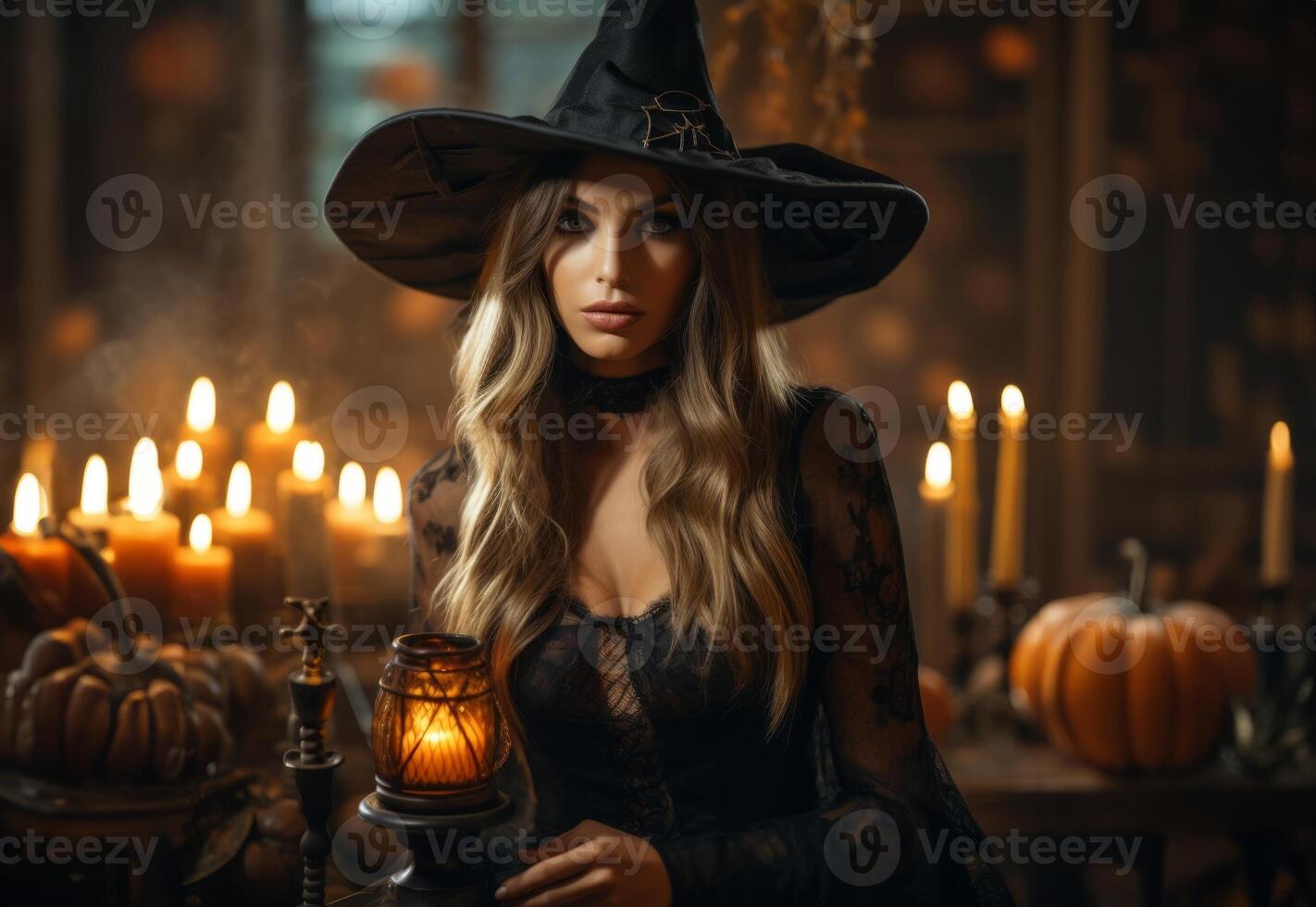 In the daylight of Halloween, a captivating girl dons a bewitching costume, casting a spell of allure and enchantment photo